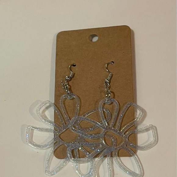 Handmade epoxy resin dangle earrings - translucent light blue glitter flowers - Picture 1 of 6